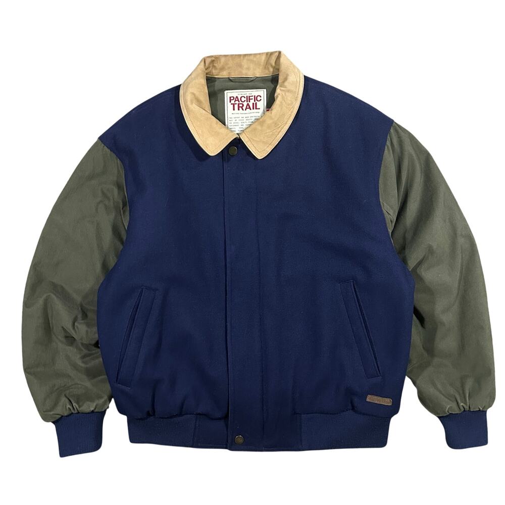 Vintage Pacific Trail Wool Bomber Jacket Mens XL Full Zip Navy Blue Green